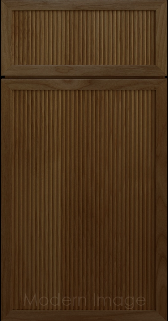 Arcadia Reed Cabinet in medium Cognac stain, featuring a Narrow Frame and a Slim Fluted Center Panel.